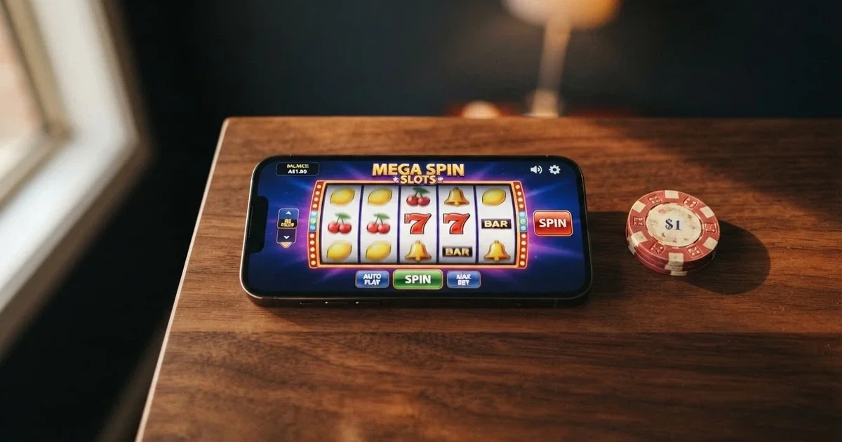 A smartphone displaying a pokies game reel beside an Australian dollar coin on a dark surface, the screen showing a low-balance deposit prompt
