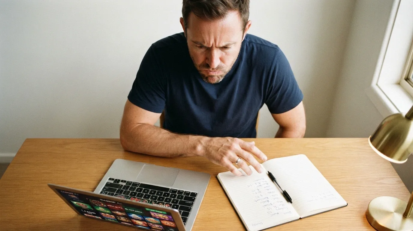 An Australian player at a desk with a laptop open to a pokies site, an expression of considered decision-making rather than impulsive play, with a notepad or checklist visible