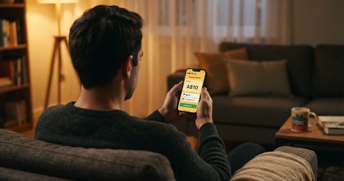An Australian player looking at a smartphone showing an online pokies deposit screen with a A$10 amount visible, set against a living-room backdrop