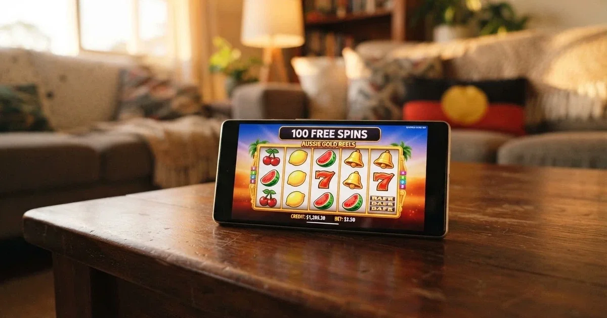 A row of colourful online pokie reels on a smartphone screen with a “100 Free Spins” badge floating above them, no deposit button visible