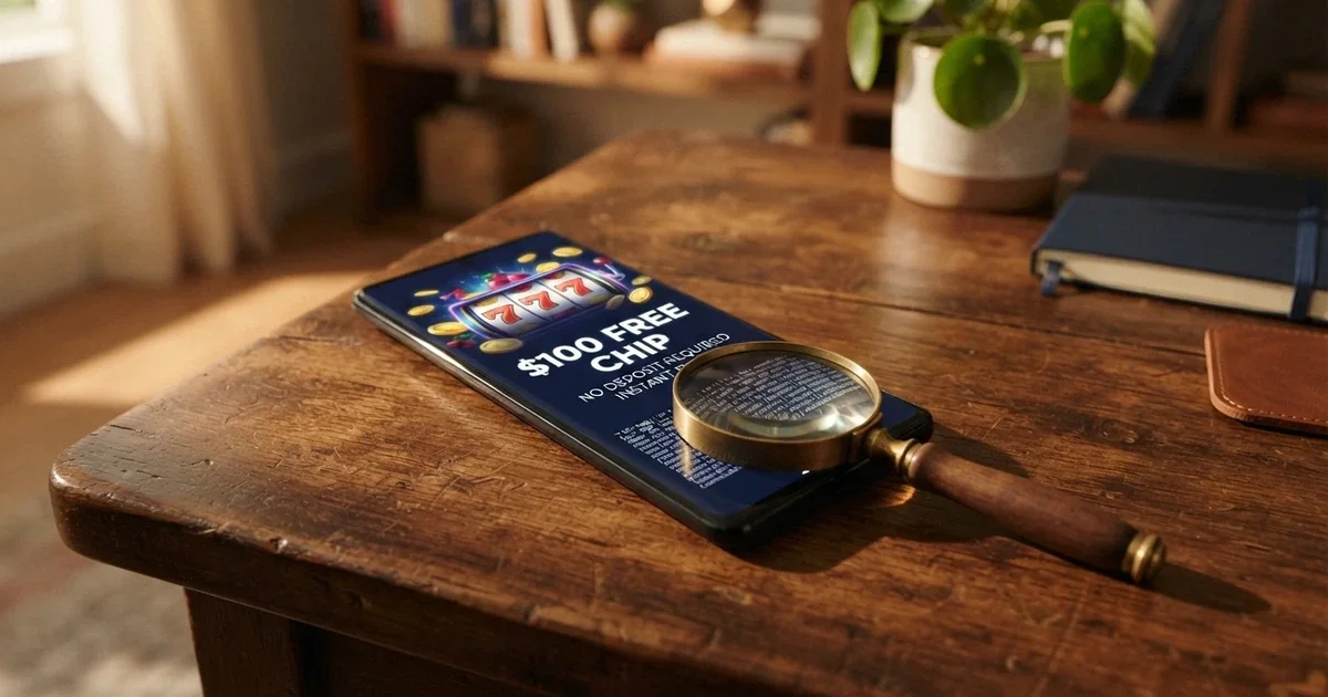 A smartphone screen showing an Australian online casino bonus banner with a “$100 free chip” headline overlaid with a magnifying glass highlighting the terms-and-conditions fine print underneath.