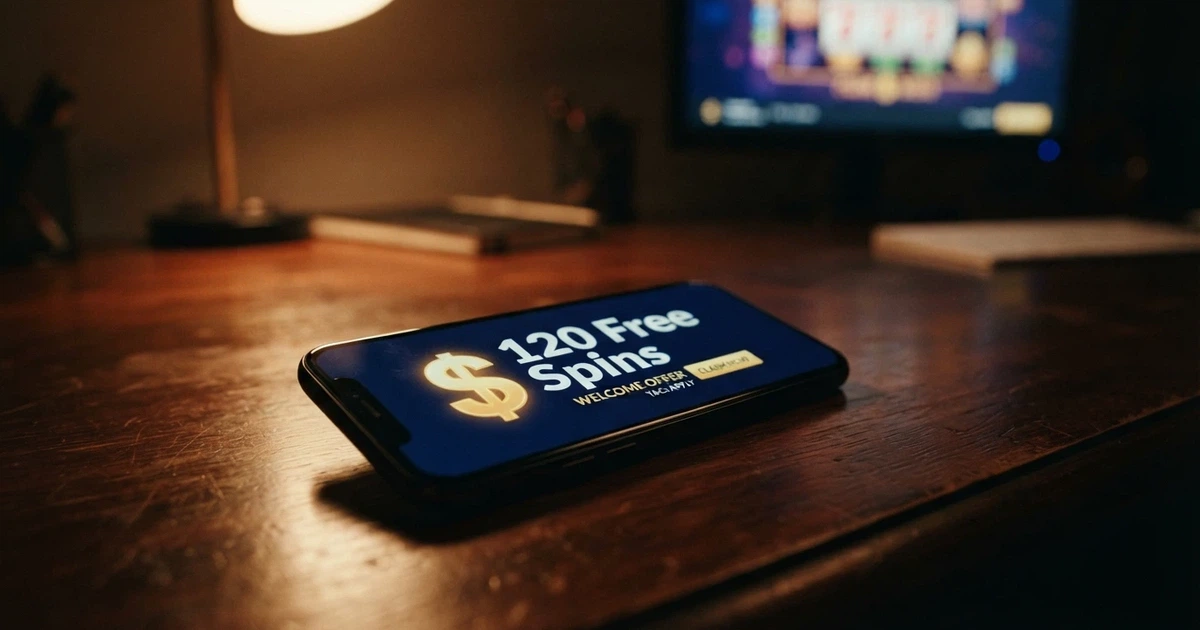 A smartphone screen displaying a casino bonus offer banner reading “120 Free Spins No Deposit” with Australian dollar symbols on a dark-themed pokies background