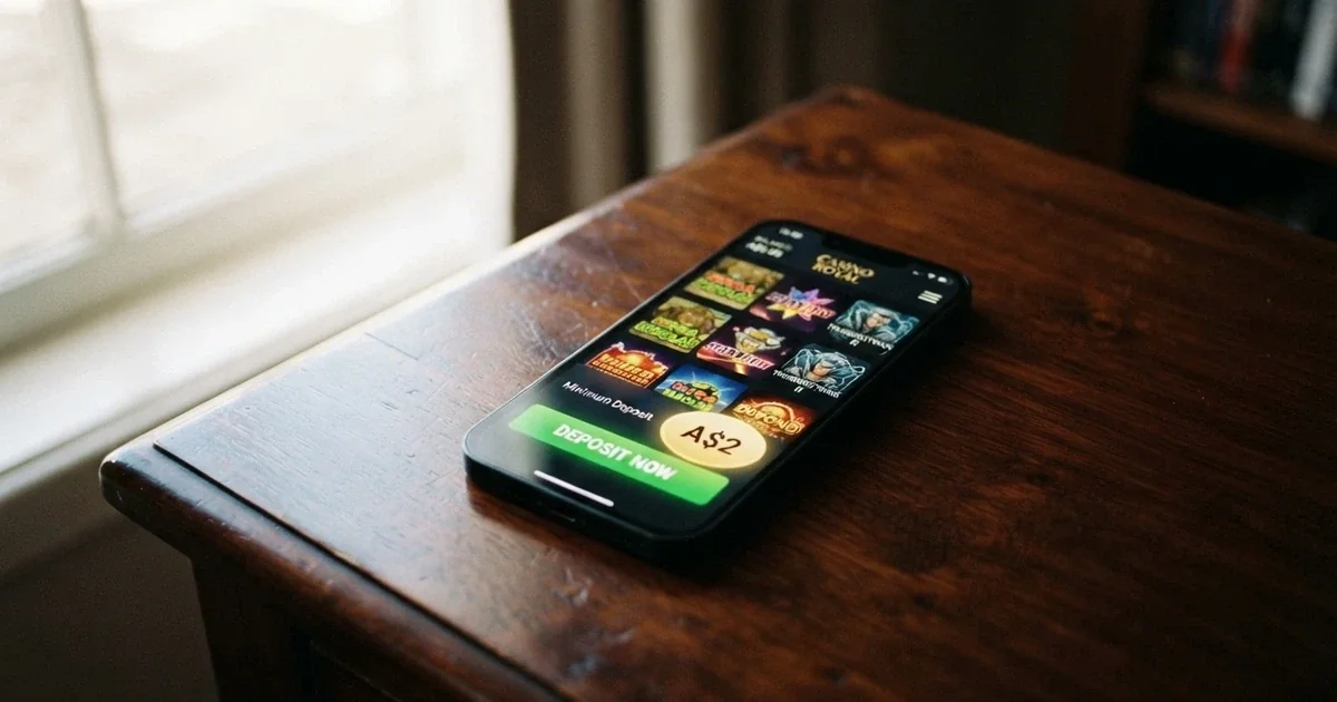 A smartphone displaying an online casino lobby with a deposit button and a $2 amount highlighted on screen
