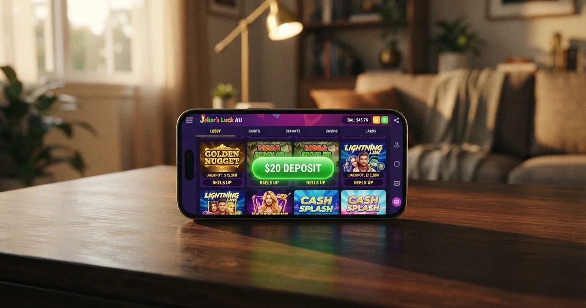A smartphone displaying an online casino lobby with a $20 deposit button highlighted on screen