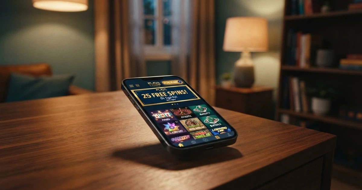 A smartphone screen showing an online casino lobby with a “25 Free Spins No Deposit” promotional banner, Australian dollar symbols visible on the balance display