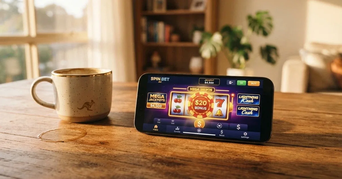 A smartphone screen showing an online casino lobby with a small bonus-chip icon and Australian dollar symbols, photographed on a wooden desk beside a half-empty cup of coffee.