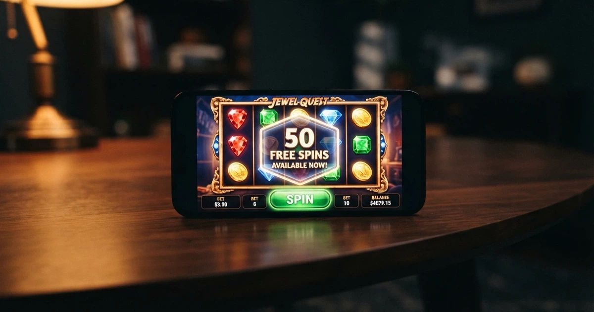 a smartphone screen showing a colourful online pokie with the spin button highlighted and a “50 Free Spins” badge overlay