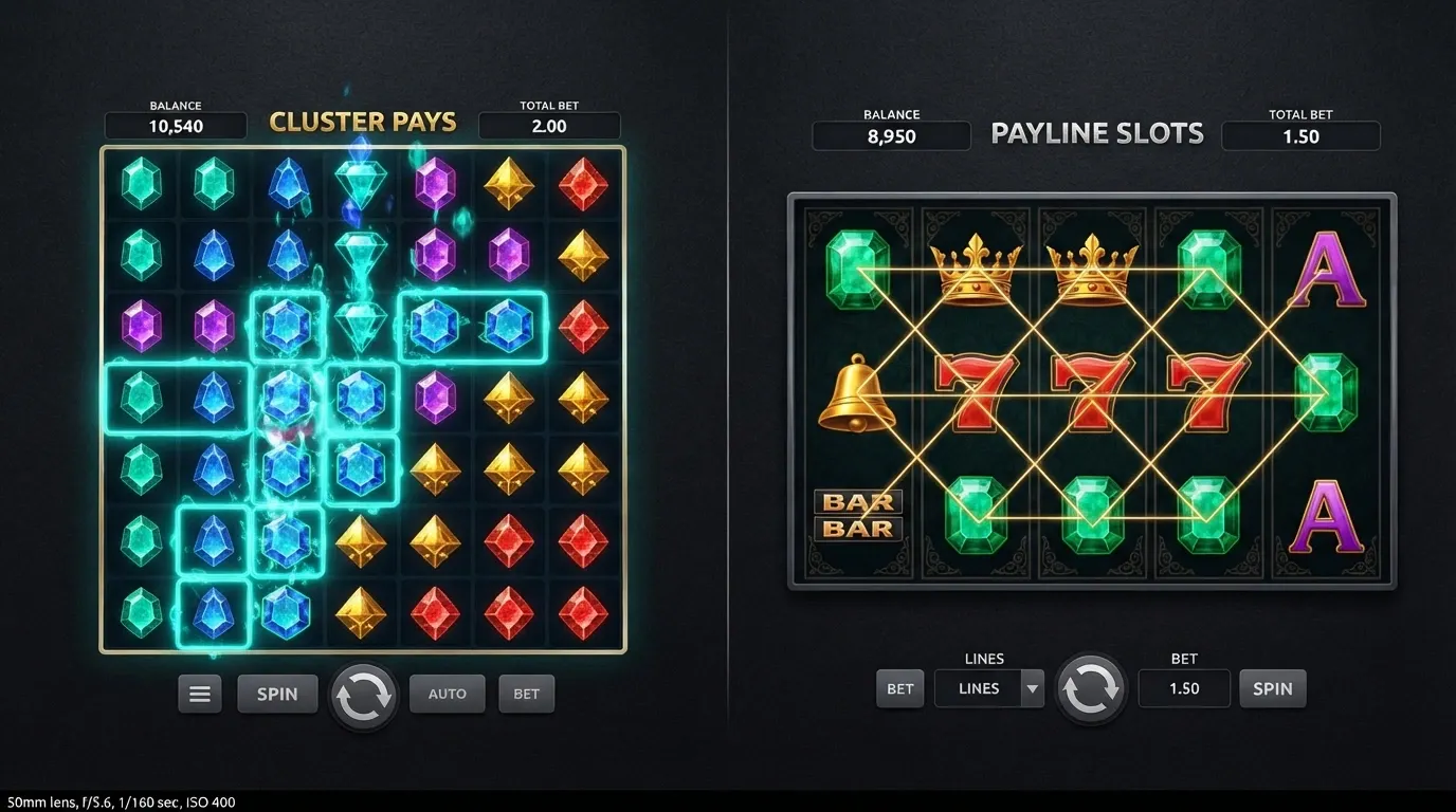 Side-by-side comparison showing a 7×7 cluster-pays grid next to a traditional 5×3 payline layout, with the cluster zone highlighted