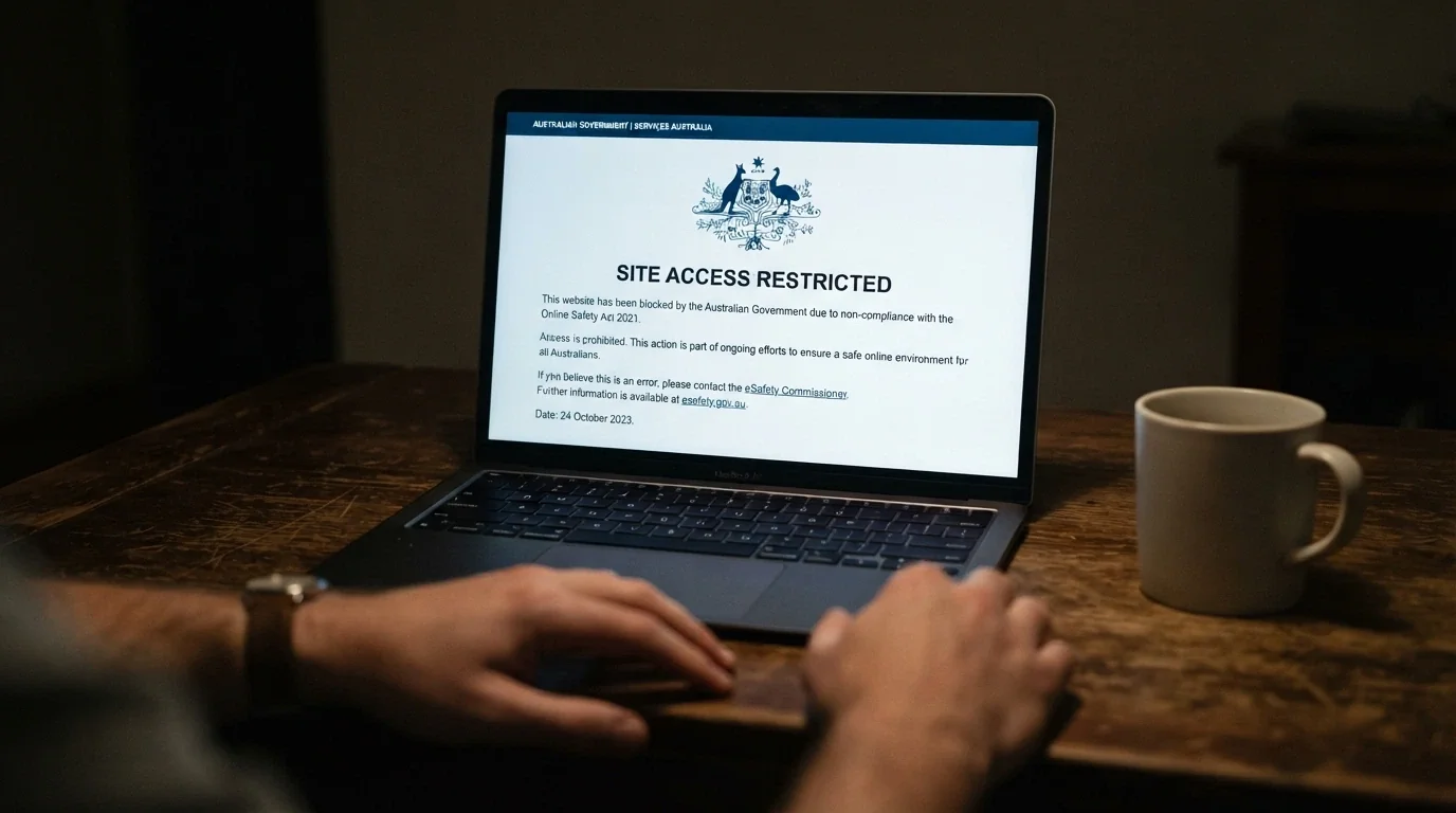 A browser window displaying the ACMA site-blocked notice — the screen every Australian player sees when an ISP blocks an illegal gambling domain