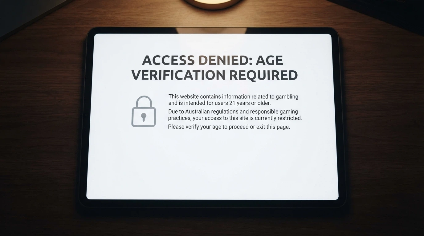 An iPad displaying an ACMA website-blocked notice, the kind an Australian internet user sees when trying to access a blocked offshore gambling site