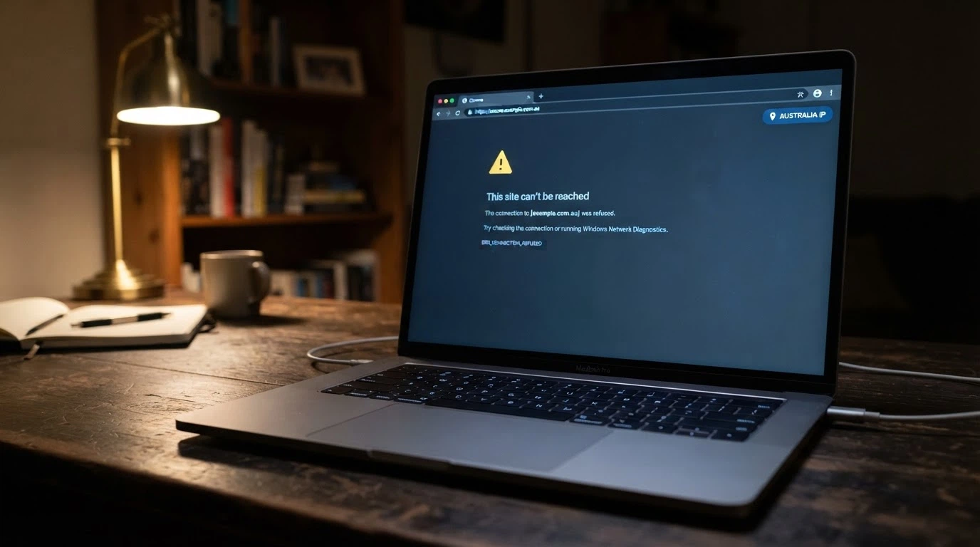 A laptop browser window displaying the ACMA blocking notice that replaces a blocked gambling site, with an Australian IP-address badge visible in the corner.