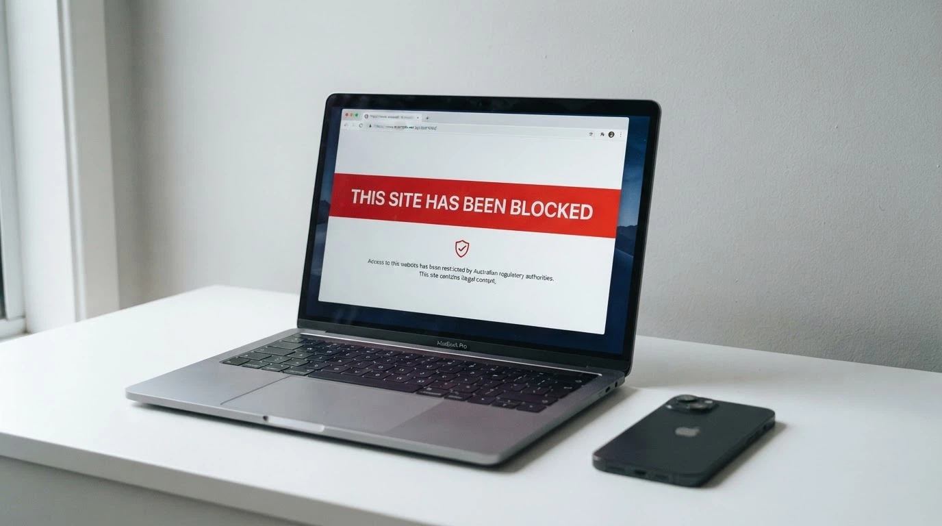 A laptop browser displaying an ACMA website-blocking notice with the ACMA logo and the words “blocked” visible