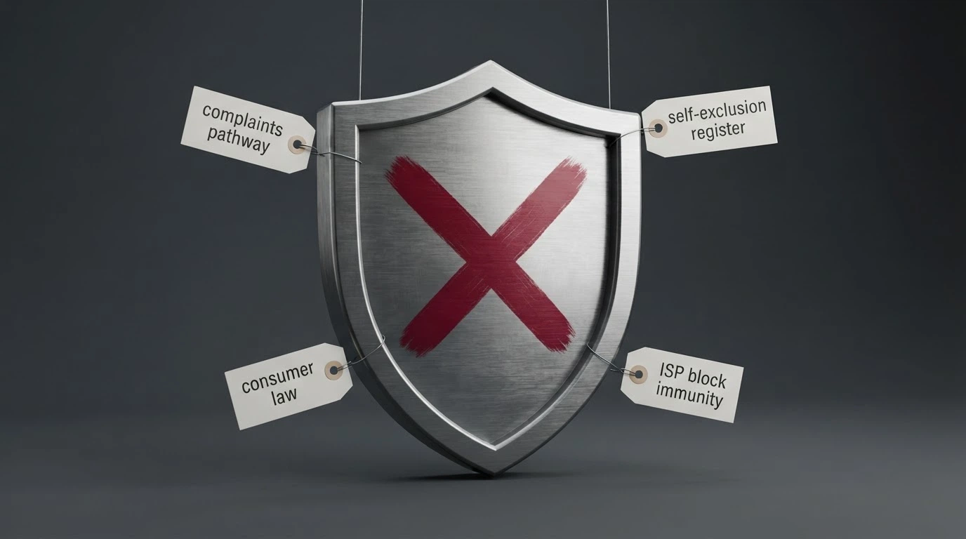 A graphic showing a shield with a cross through it, labelled with the four missing protections: ACMA complaints, BetStop exclusion, AU consumer law, ISP block immunity
