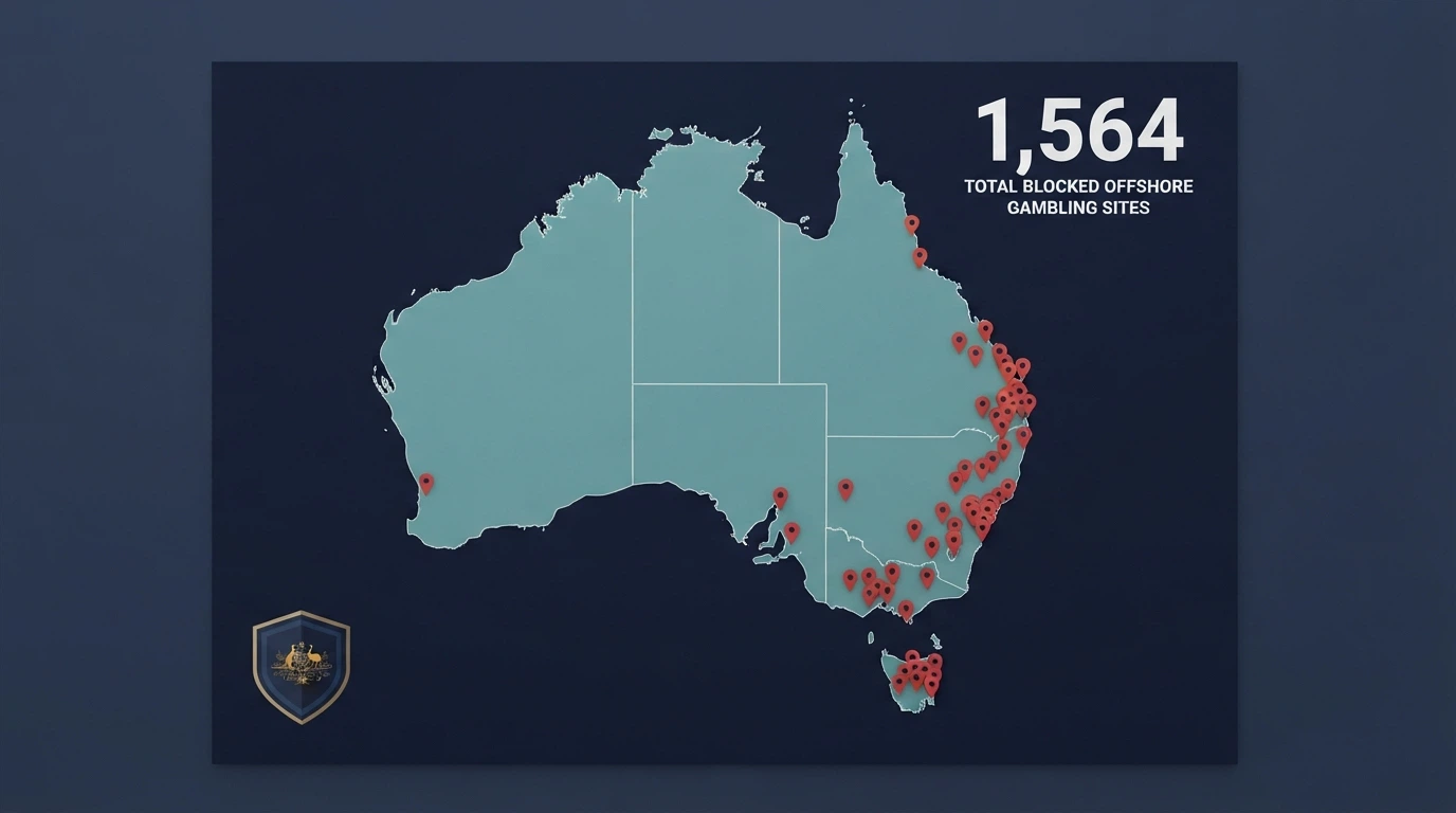 A stylised map of Australia with offshore gambling-site icons marked as blocked, an ACMA logo and the 1,564-sites-blocked figure since 2019