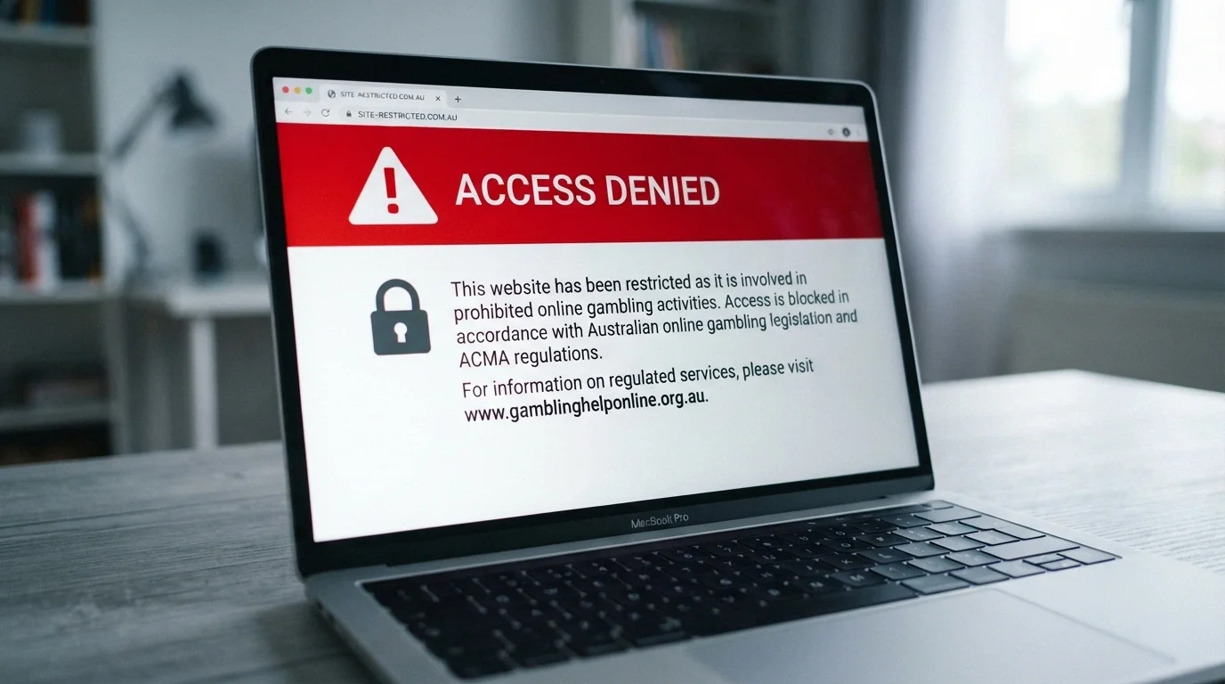 An ACMA website-blocking notice displayed in a browser window with the ACMA logo and the text “This website has been blocked pursuant to section 128 of the Interactive Gambling Act 2001”