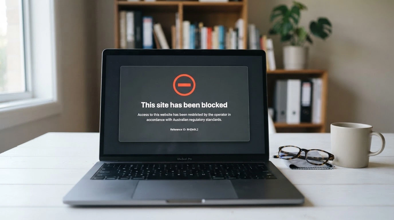 A browser window displaying an ACMA site-blocked notice on a dark screen, the ACMA logo visible