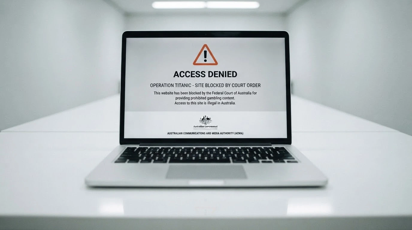 A laptop browser displaying the ACMA blocking notice that appears when an Australian ISP blocks an illegal gambling website