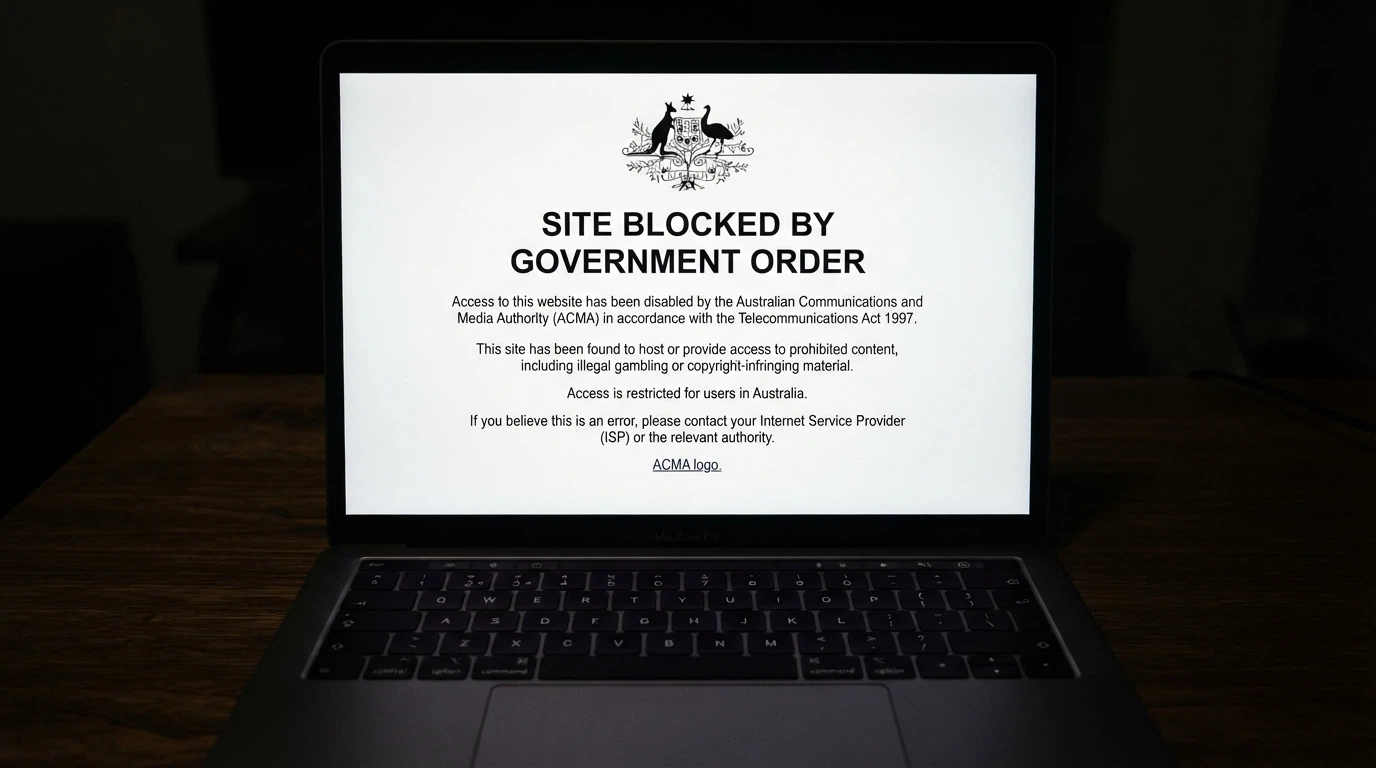 A web browser displaying the ACMA site-block notice on a dark screen, with the Australian Government crest at the top and the blocking-authority text beneath.