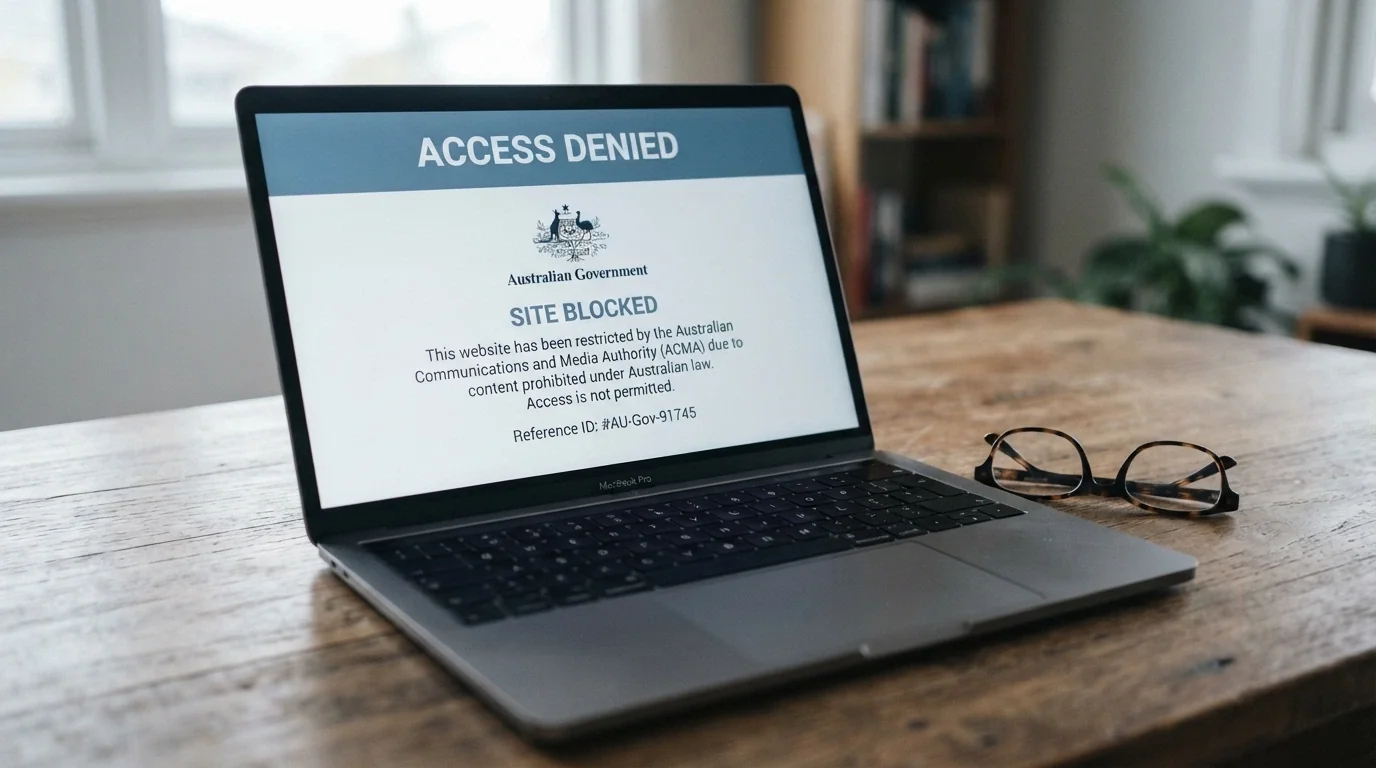 A web browser displaying an ACMA site-blocked notice on screen