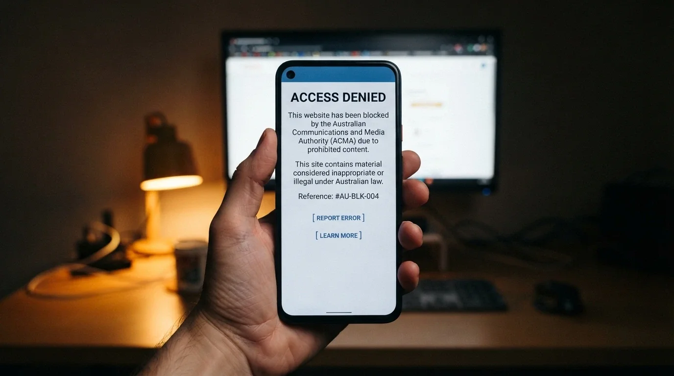 A smartphone browser displaying the ACMA site-block notification page that an Australian ISP serves for a blocked gambling site
