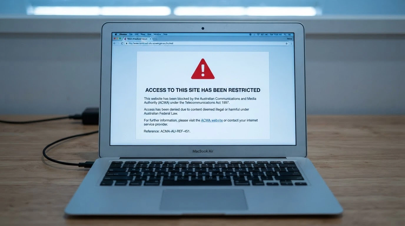 A browser window displaying the ACMA-blocked-site notice that an Australian ISP serves when a blocked gambling domain is accessed, with the ACMA logo visible