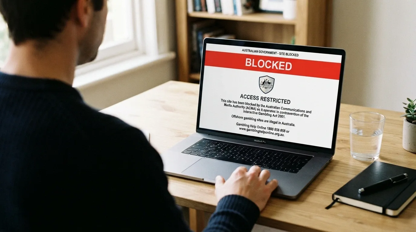 The ACMA website blocked-gambling-services page with a warning notice visible