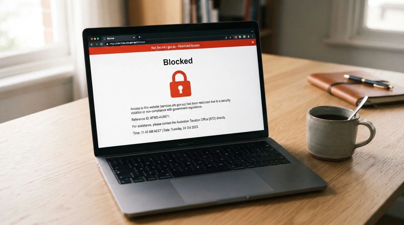 A laptop screen displaying the ACMA website's blocked-services page with a lock icon and Australian government branding visible