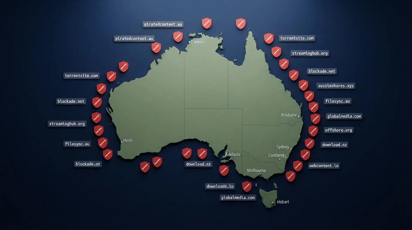 A map of Australia with offshore casino domains shown outside the border and ACMA blocking symbols intercepting the connections