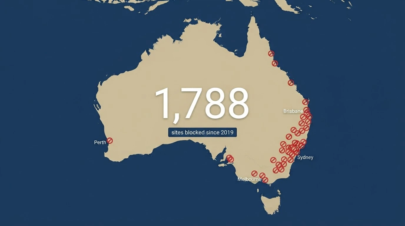 A stylised map of Australia with red blocked-site markers dotting the coastline and a central counter reading “1,788 sites blocked since 2019.”