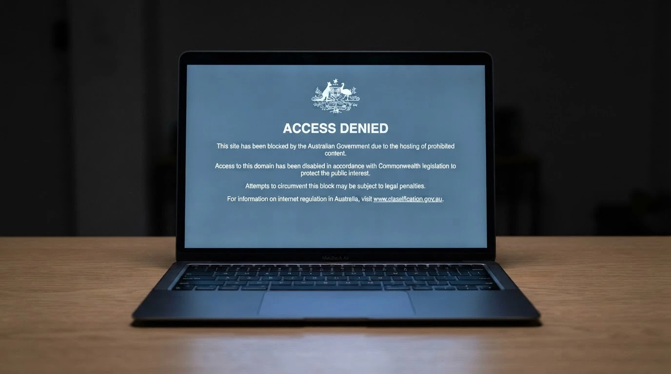 A browser window displaying an ACMA site-blocking landing page, the official notice that an illegal gambling website has been blocked, with the ACMA logo and the phrase “access to this website has been disabled” visible