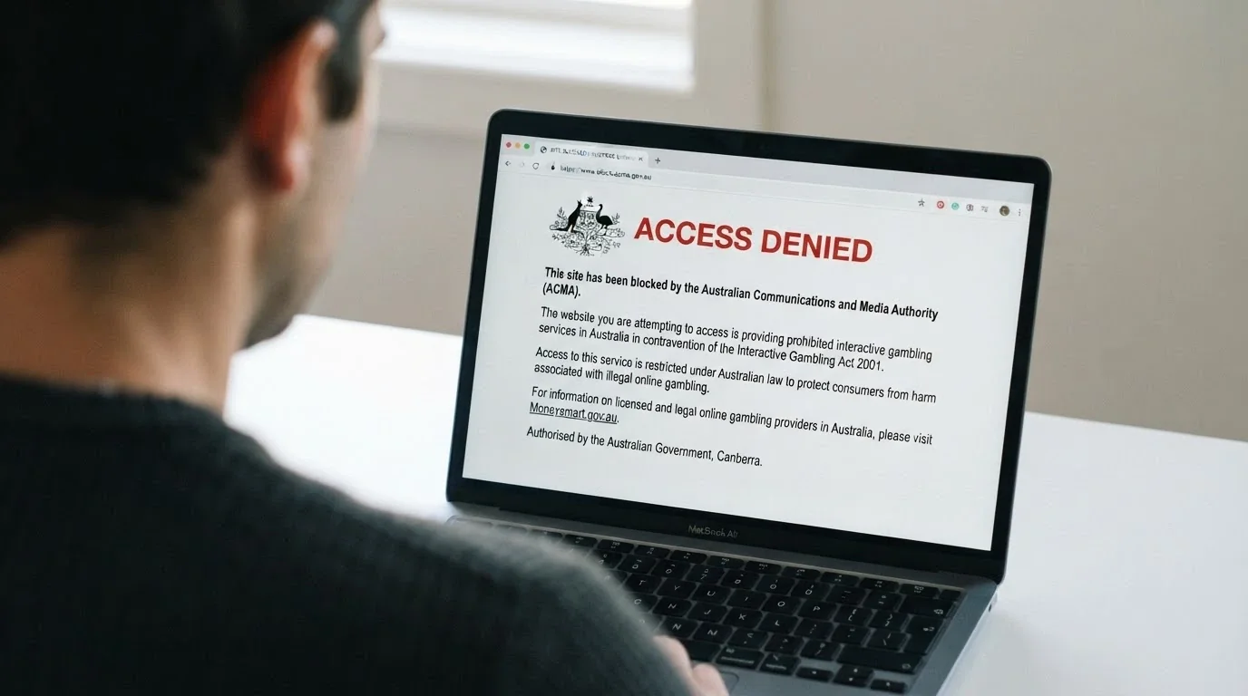 A laptop screen displaying an ACMA blocking notice for an illegal gambling website with the regulator's logo and enforcement language clearly visible