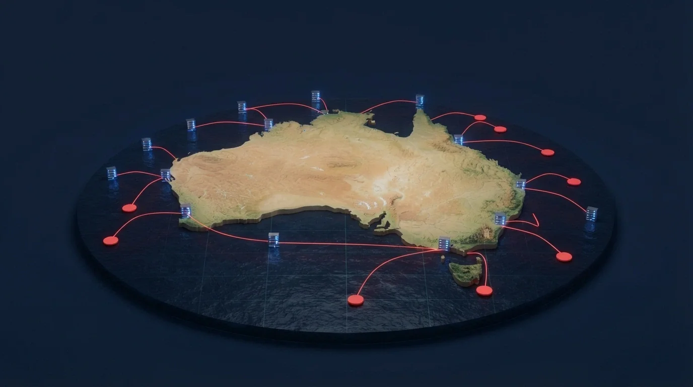 A stylised map of Australia with offshore casino server icons outside its borders, blocked-connection lines to the continent, and an ACMA logo