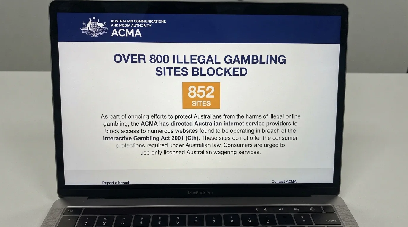 The ACMA website with a notice about illegal offshore gambling website blocks and the Interactive Gambling Act reference