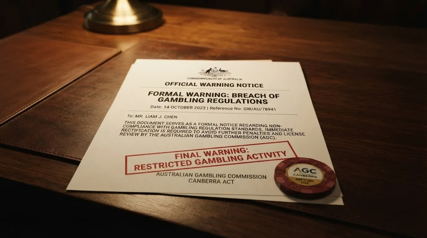 An official-looking warning notice with the ACMA logo and a red stamp reading “PROHIBITED INTERACTIVE GAMBLING SERVICE” over a casino chip on a document background