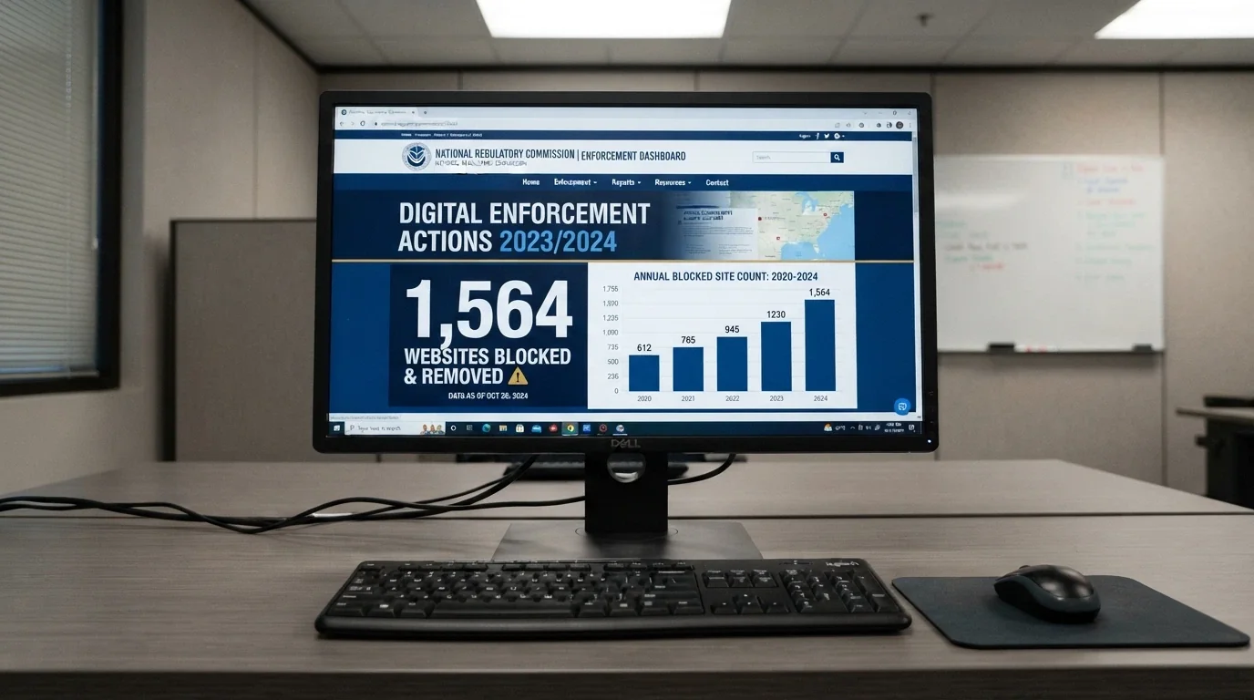 the ACMA website homepage on a desktop screen with the site-blocking statistics visible