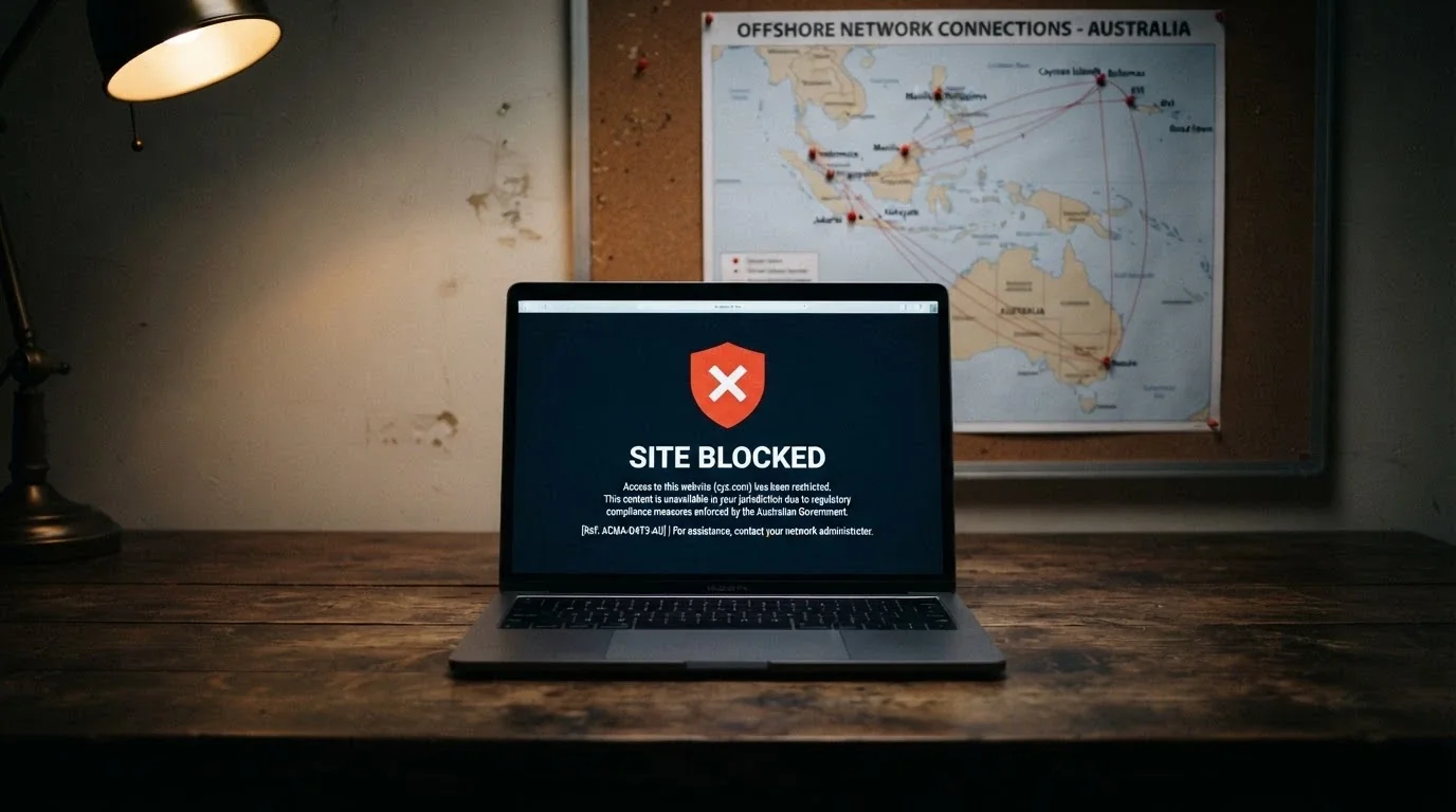 A laptop screen displaying a blocked-website notice with the ACMA logo, a map of Australia visible in the background with offshore server locations marked