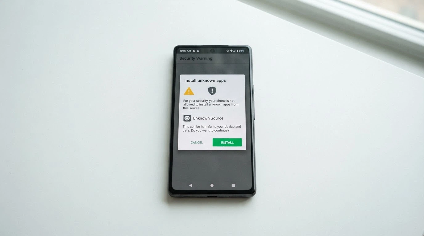 Android phone screen showing a casino APK download prompt with a security warning about installing apps from unknown sources