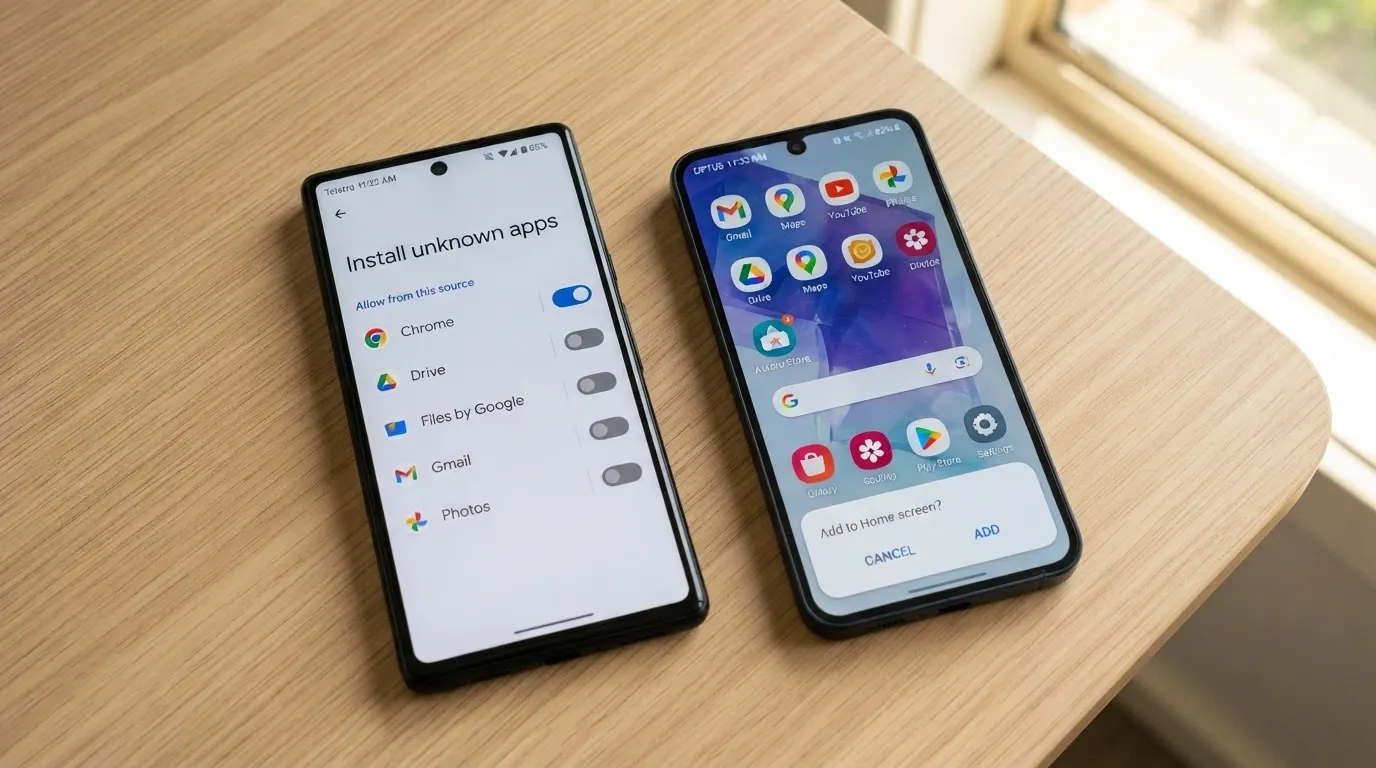 An Android settings screen showing the “Install unknown apps” toggle beside a phone screen with a casino PWA being added to the home screen
