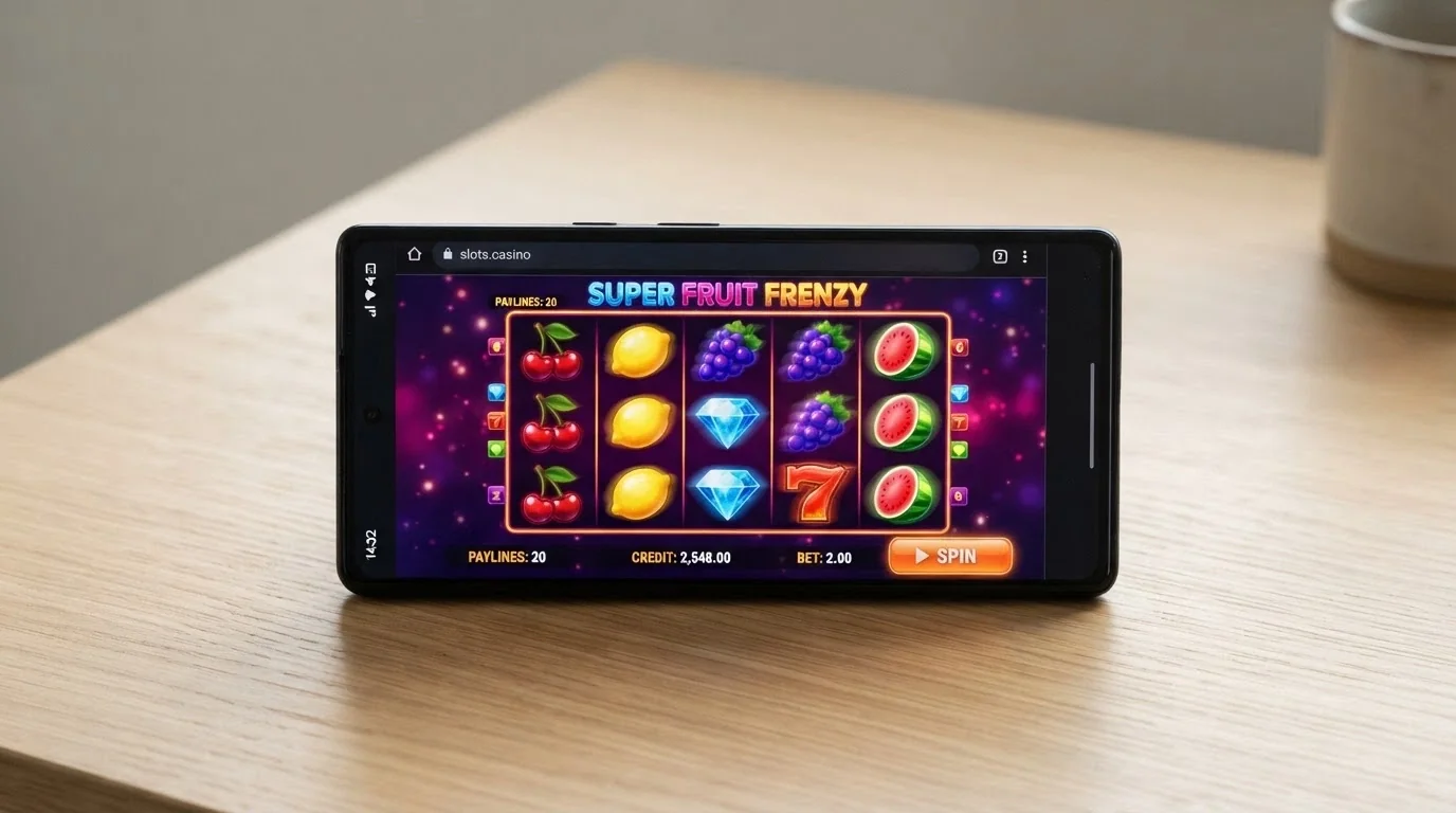 a phone in landscape showing a pokies game inside the Chrome browser, no app icon visible