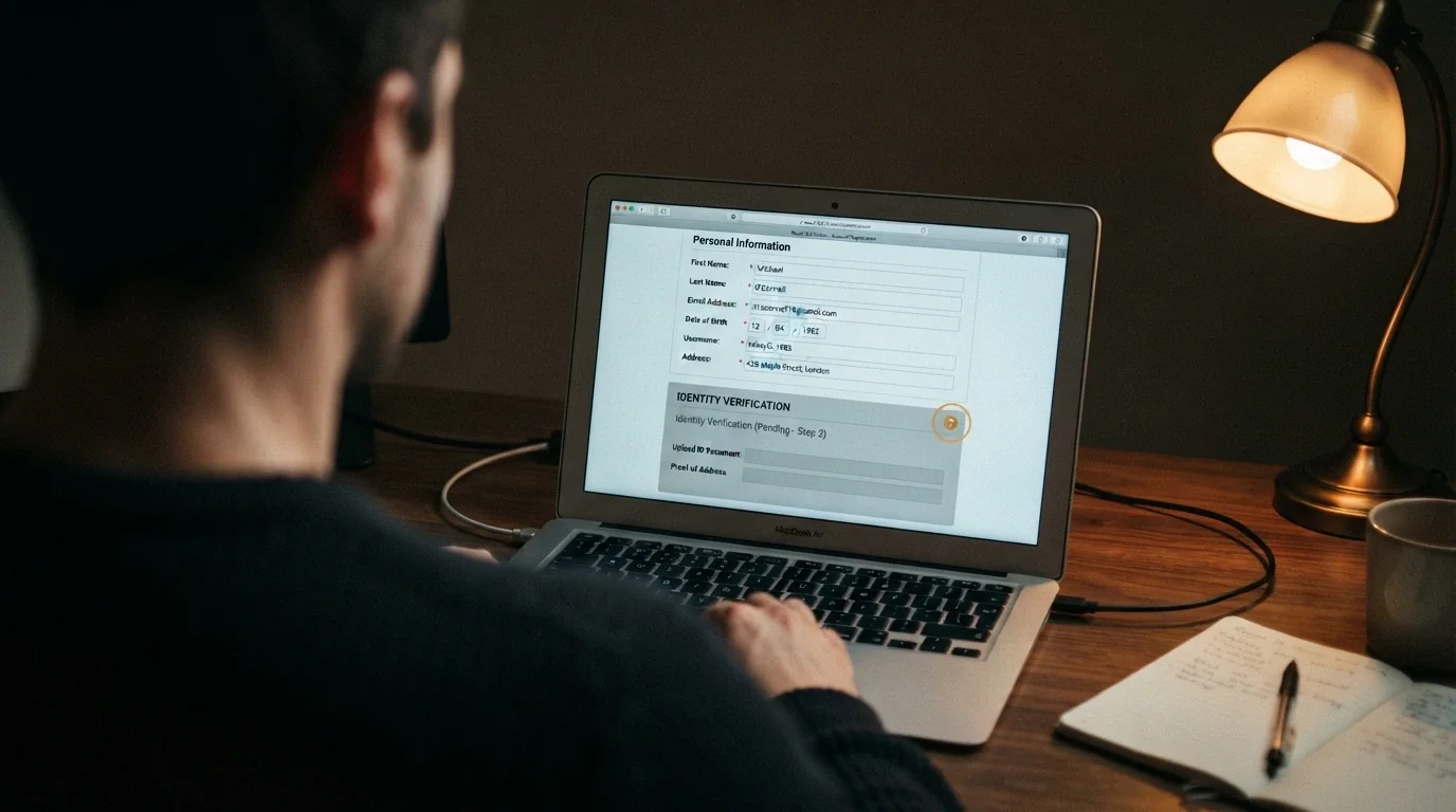 A casino registration form with the identity-verification section greyed out and a question-mark icon hovering over it