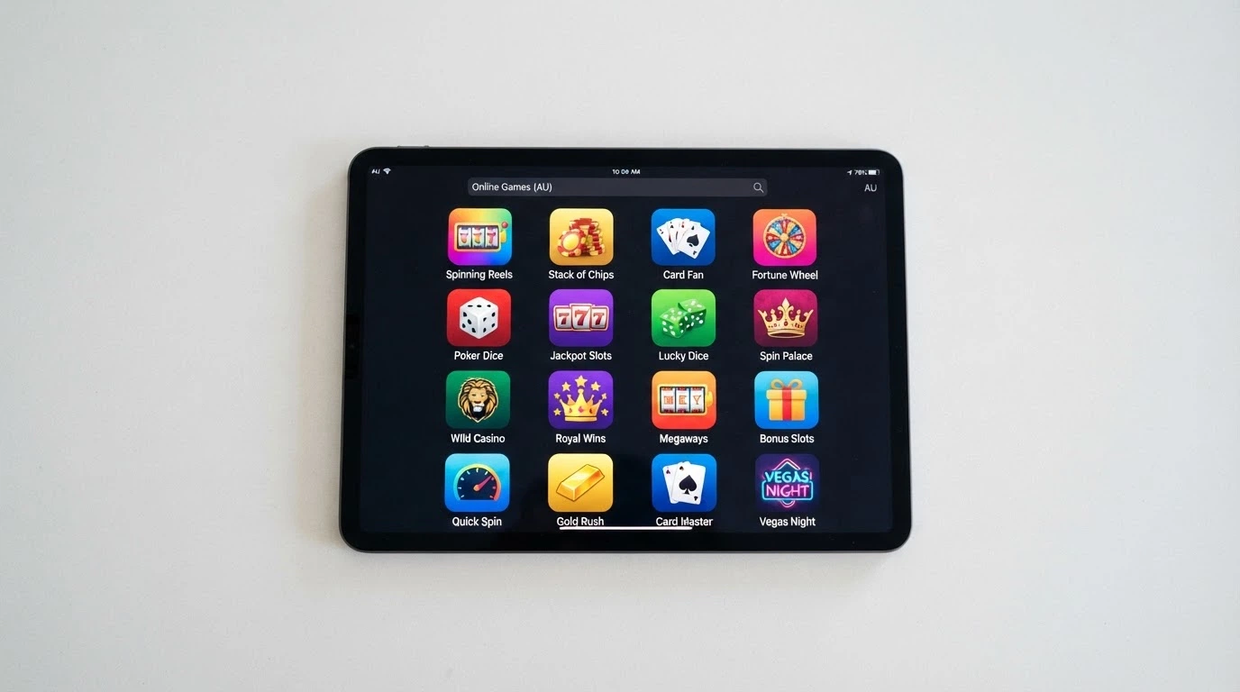 An iPad screen showing App Store search results for casino apps, with social-casino and free-play entries visible