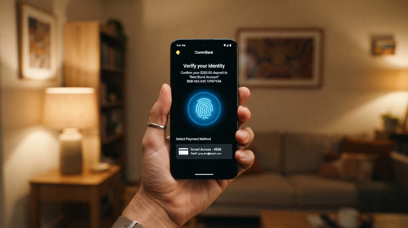A hand holding a smartphone with the FaceID authentication prompt active on a casino deposit screen showing Apple Pay as the selected method