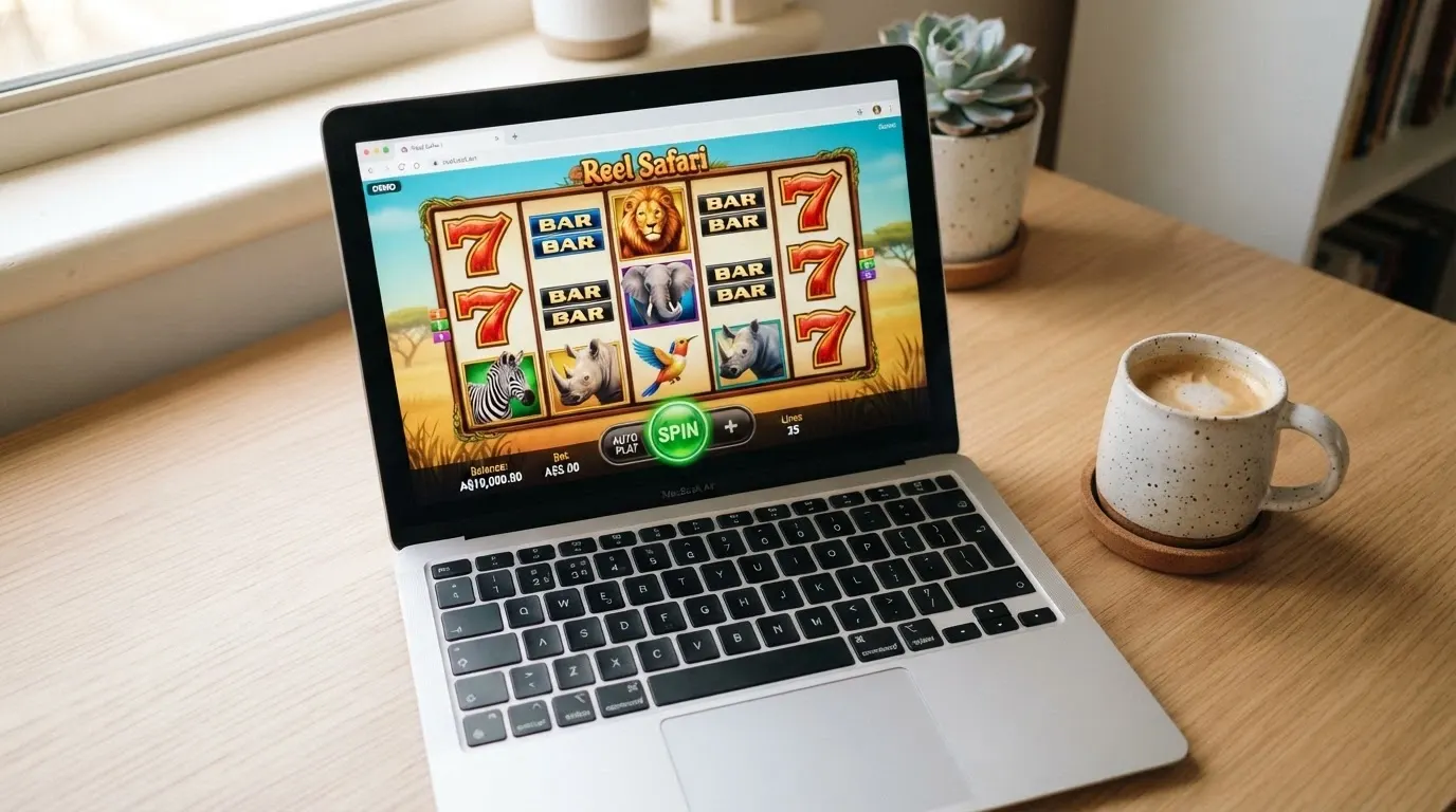 Laptop screen showing an Aristocrat pokie in demo mode with a play-money balance displayed
