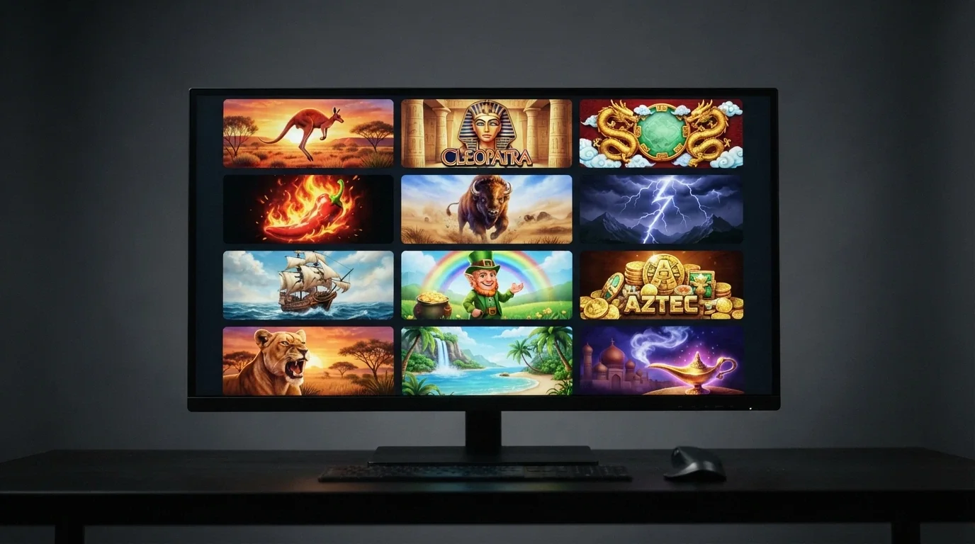 Grid of Aristocrat pokie title cards showing Buffalo, Queen of the Nile, 5 Dragons and Lightning Link