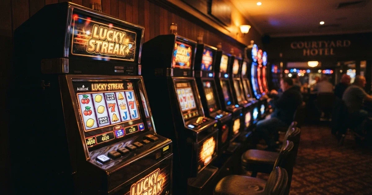 Row of illuminated Aristocrat pokie machines with colourful reel symbols glowing on screen