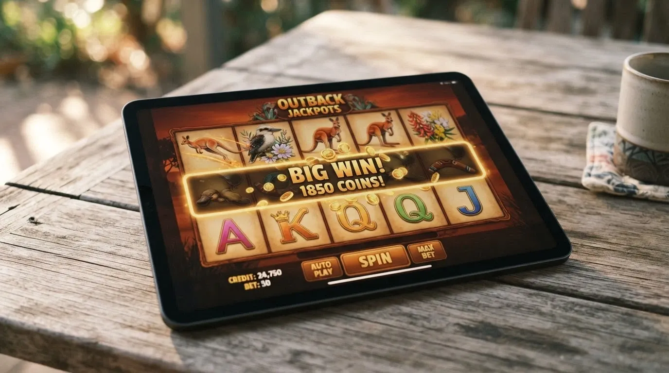 An iPad displaying a five-reel pokies game with Australian-themed symbols on a browser-based casino platform