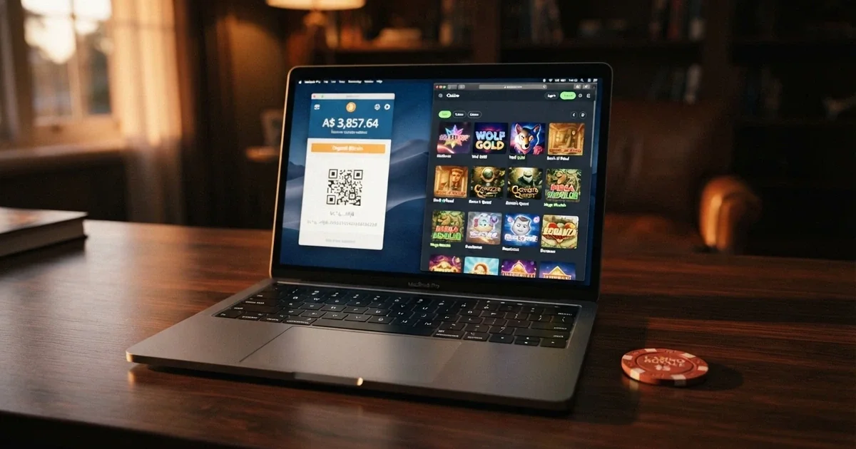 A laptop screen showing a cryptocurrency wallet interface beside an online casino lobby with slot thumbnails and a Bitcoin deposit address displayed