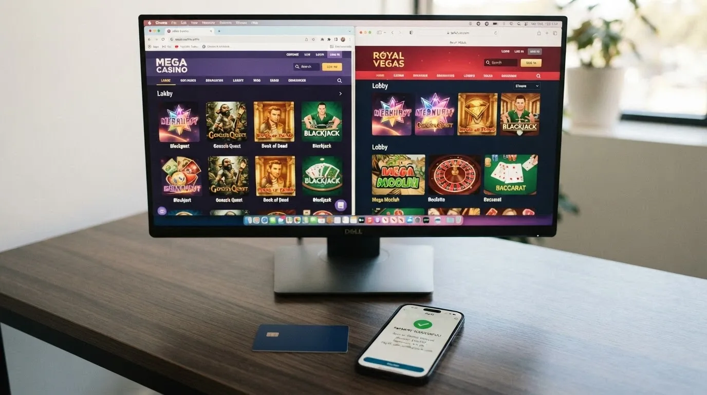 A side-by-side view of casino lobby screens on a desktop monitor, with an Australian bank card and a smartphone showing a PayID transfer screen in the foreground