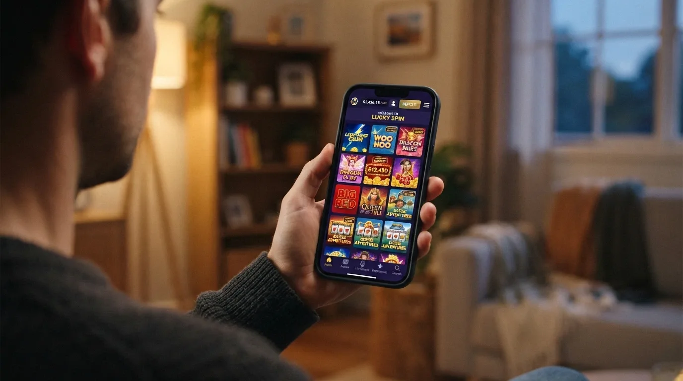 A smartphone displaying a casino lobby grid with Dragon Link and Lightning Link tiles prominent among jackpot-tagged pokies