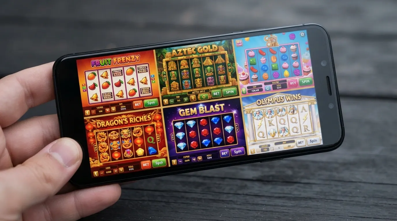 A collage of six pokie title screens — Mega Joker, Book of Dead, Sweet Bonanza 1000, Sleeping Dragon Ultra Dark, Starburst and Gates of Olympus 1000 — on an Android phone frame
